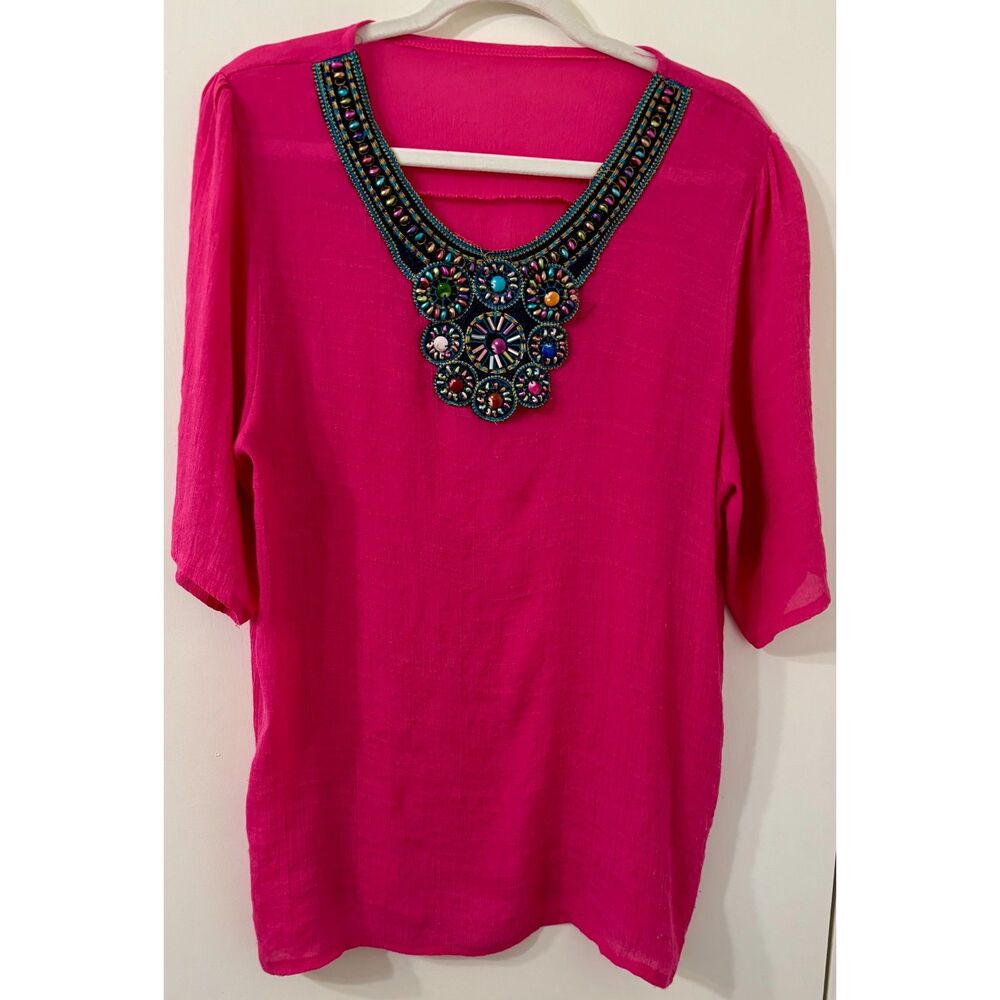 Art Deco Retro Detailed Jewel W Sz X-Large Near Hot Pink Woven Gauze Tunic Top